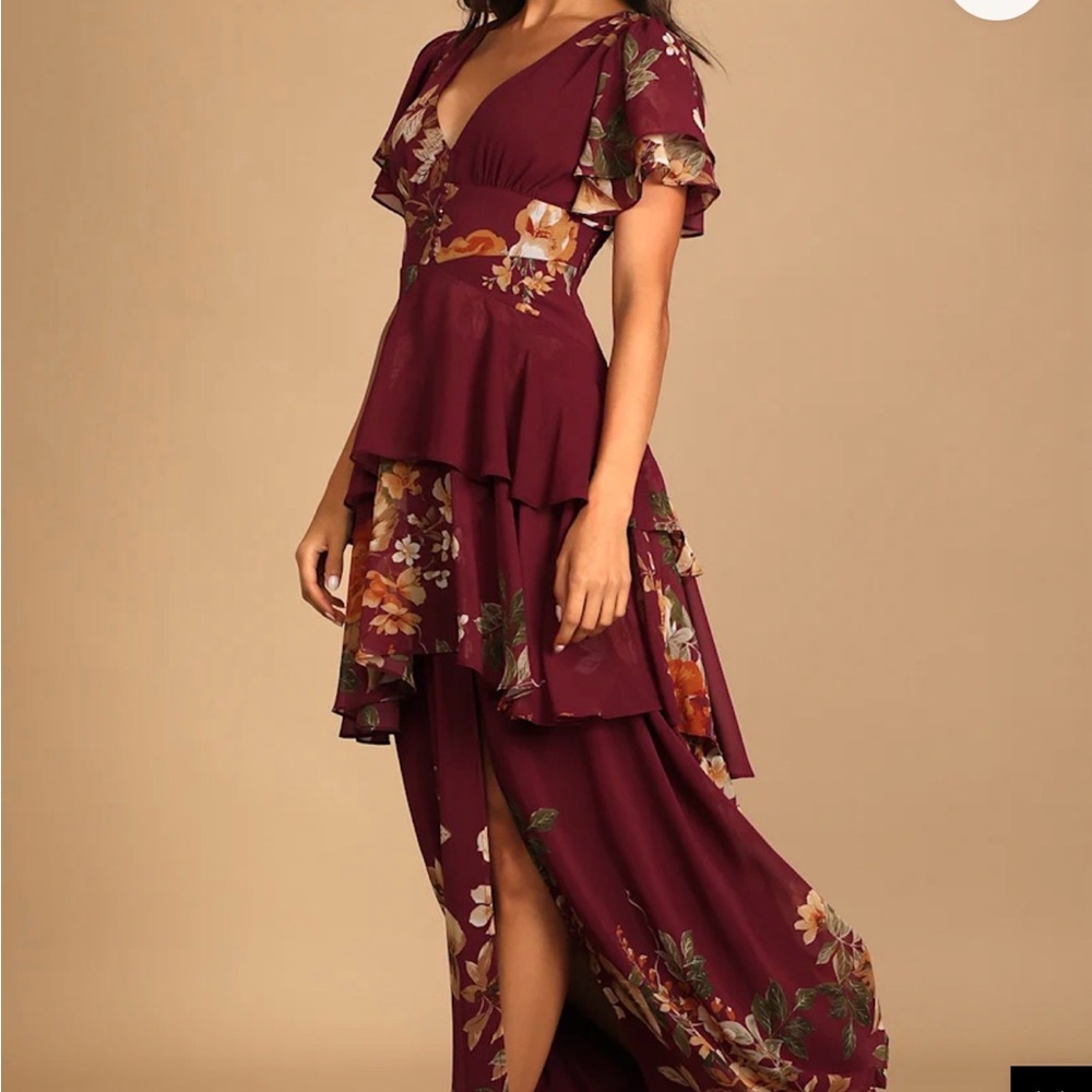 Lulu's Midnight Mood Burgundy Floral Tiered Maxi Dress - Size L Romantic Formal - Picture 2 of 8